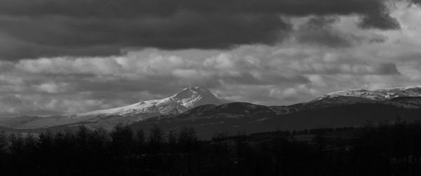 Scenic view of mountains against cloudy sky