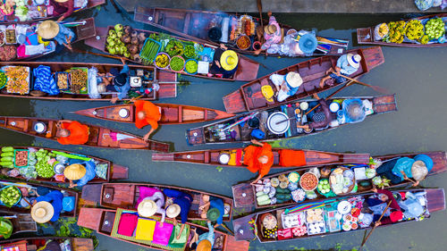 Aerial view of floating market in river