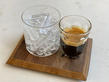 High angle view of ice tea on table