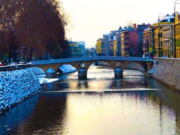 Bridge over river in city against sky