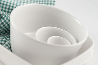 High angle view of eggs in bowl on table