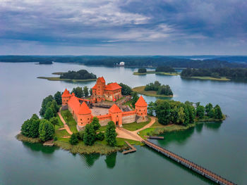 Trakai island castle in lake galve, lithuania. drone view.