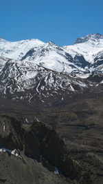 Scenic view of snowcapped mountains against clear sky