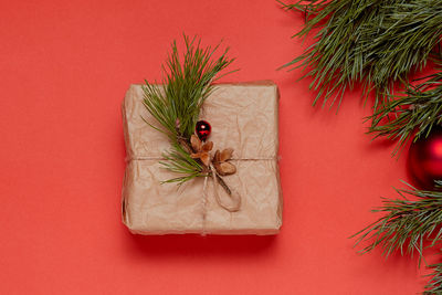 Directly above shot of christmas decorations on red background