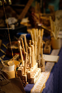 High angle view of objects on table in building