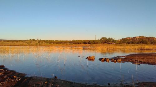 Scenic view of calm lake against clear sky