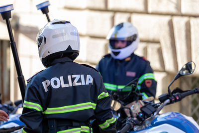 Two motorcyclist policemen of the italian police, in checkpoint in the city.