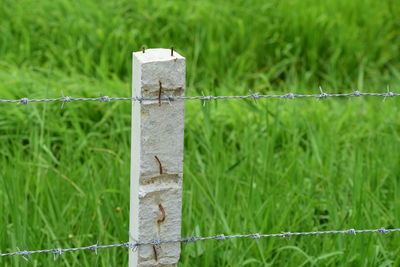 Close-up of wooden fence on field