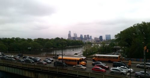 City skyline with skyscrapers in background