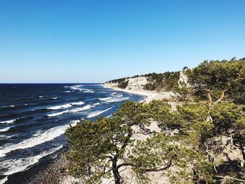 Scenic view of sea against clear blue sky