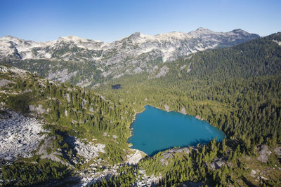 High angle view of scenic mountain lake and mountain view.