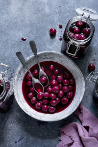 High angle view of cherries in container