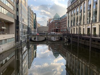 Bridge over canal amidst buildings in city against sky