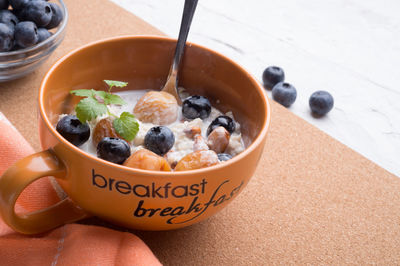 High angle view of breakfast on table