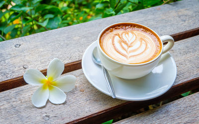 Close-up of cappuccino served on table