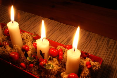 Close-up of lit candles on table