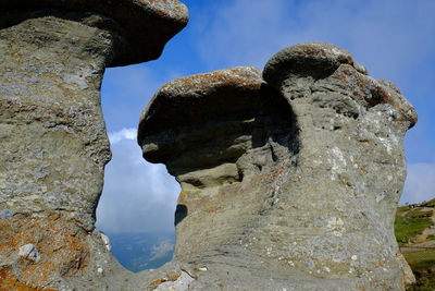 Low angle view of rock formation against sky