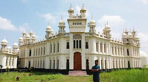 Man in front of historical building