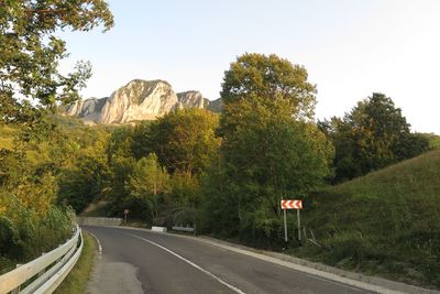 Road by trees against sky