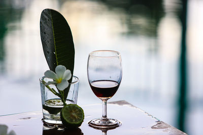 Close-up of wine glass on table