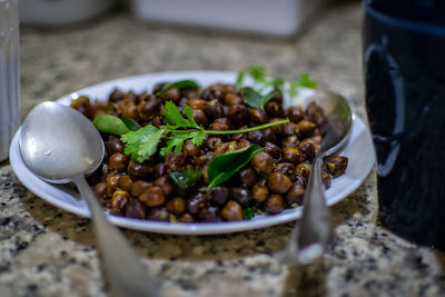 High angle view of food in bowl on table