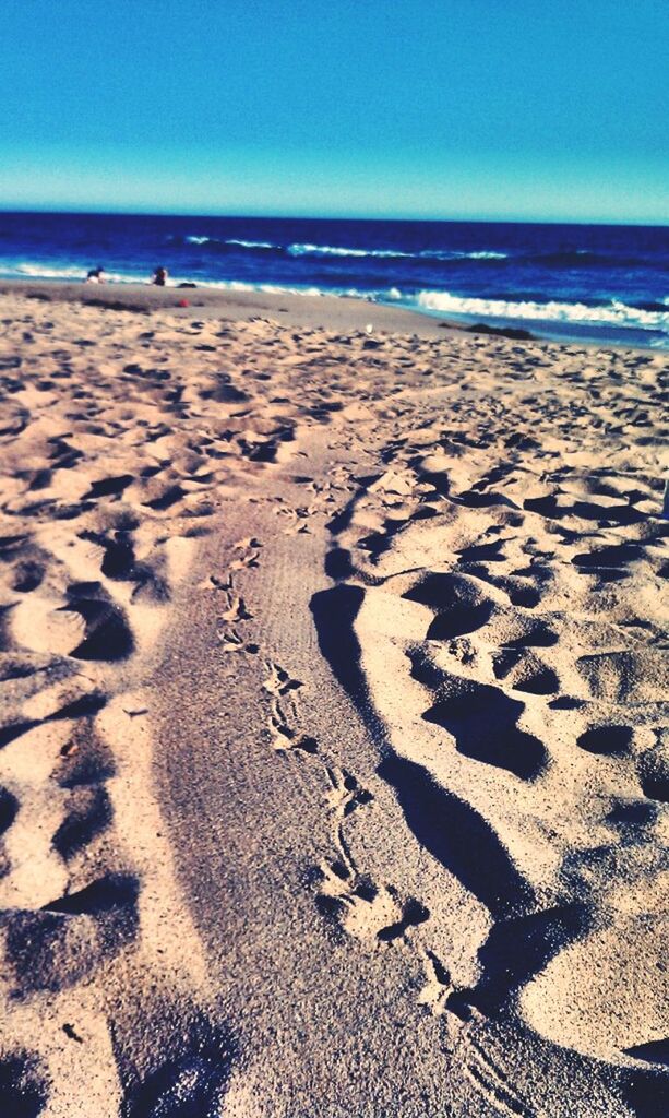 beach, sand, sea, shore, horizon over water, tranquility, water, tranquil scene, footprint, sky, scenics, nature, sunlight, beauty in nature, incidental people, coastline, clear sky, day, outdoors, shadow