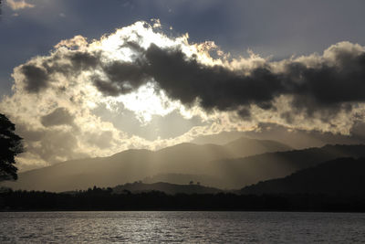 Scenic view of lake by mountains against sky