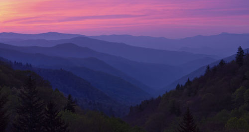 Scenic view of mountains against sky at sunset