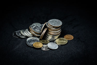 High angle view of coins