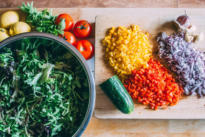 High angle view of chopped vegetables on table