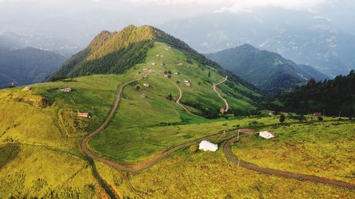 High angle view of land against sky