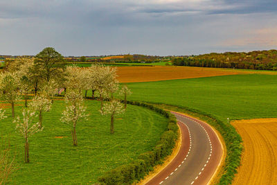 Aerial scenic view  of a agricultural field and country road against the sky, grass and cherry trees