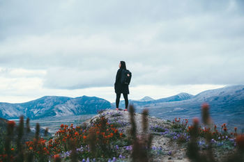 REAR VIEW OF WOMAN STANDING ON MOUNTAIN LANDSCAPE