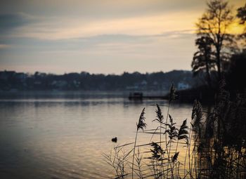 Scenic view of lake against sky at sunset