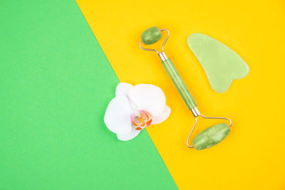 High angle view of yellow paper on table