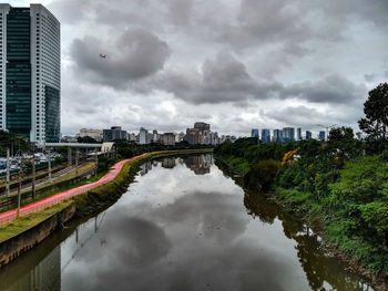 Reflection of buildings in river against sky