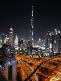 Aerial view of illuminated buildings in city at night