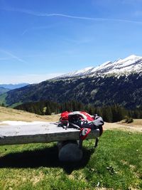 Wooden bench on mountain