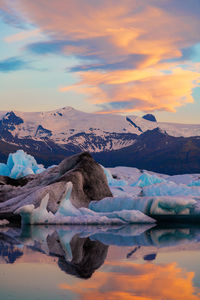 Scenic view of snowcapped mountains against sky during sunset