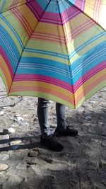 Low section of person walking on multi colored umbrella
