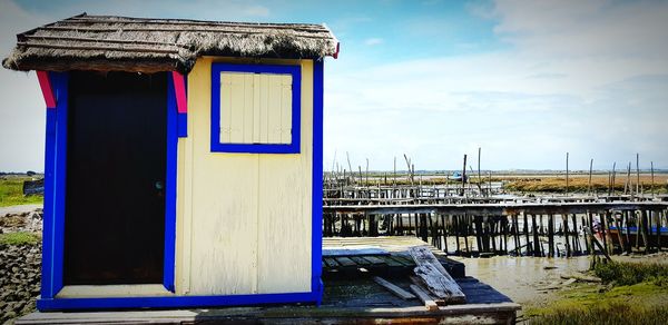 Exterior of house on beach against blue sky