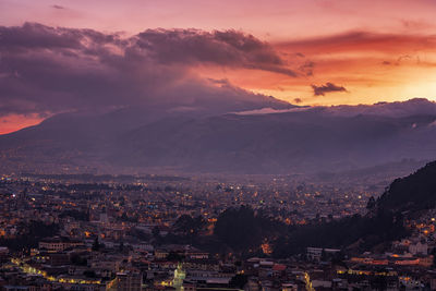 High angle view of townscape against sky during sunset