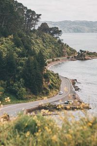 High angle view of road by trees against sky