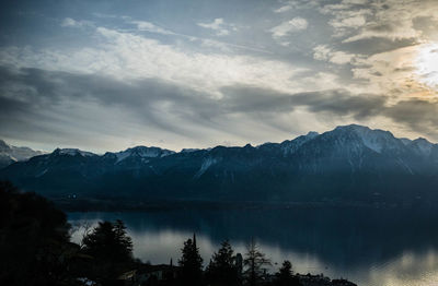 Scenic view of lake and mountains against sky