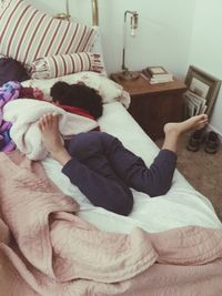 High angle view of dog relaxing on bed at home