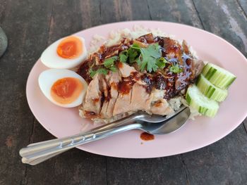 High angle view of breakfast served on table