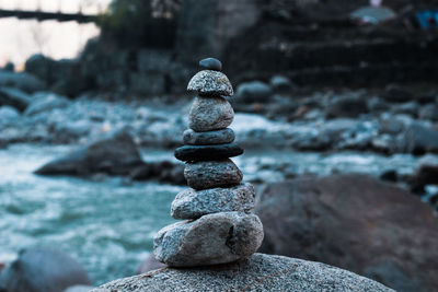 Close-up of stone stack on rock