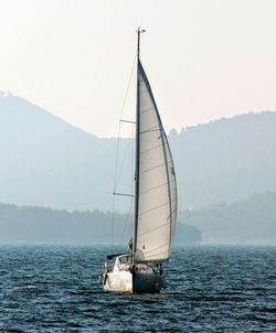 Sailboat sailing on sea against sky