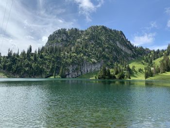 Scenic view of lake by trees against sky