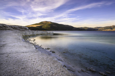 Scenic view of lake against sky at sunset